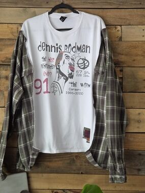 Upcycled Dennis Rodman Graphic Layered Flannel Sleeve Shirt - White/Olive